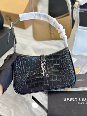 YSL Shoulder Bag Croc Black Silver